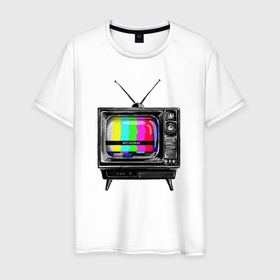 Мужская футболка хлопок с принтом Старый телевизор no signal , 100% хлопок | прямой крой, круглый вырез горловины, длина до линии бедер, слегка спущенное плечо. | 