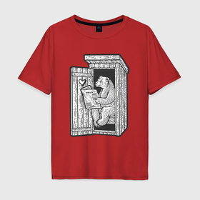 Мужская футболка хлопок Oversize с принтом Мишка с газетой в Новосибирске, 100% хлопок | свободный крой, круглый ворот, “спинка” длиннее передней части | Тематика изображения на принте: 
