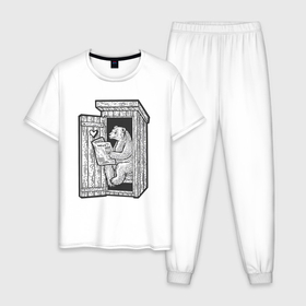 Мужская пижама хлопок с принтом Мишка с газетой в Новосибирске, 100% хлопок | брюки и футболка прямого кроя, без карманов, на брюках мягкая резинка на поясе и по низу штанин
 | Тематика изображения на принте: 