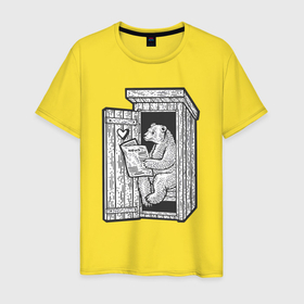 Мужская футболка хлопок с принтом Мишка с газетой в Новосибирске, 100% хлопок | прямой крой, круглый вырез горловины, длина до линии бедер, слегка спущенное плечо. | Тематика изображения на принте: 