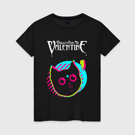 Женская футболка хлопок с принтом Bullet For My Valentine rock star cat , 100% хлопок | прямой крой, круглый вырез горловины, длина до линии бедер, слегка спущенное плечо | 