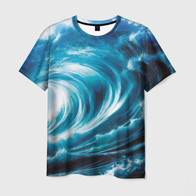 Мужская футболка 3D с принтом Большая синяя волна в Екатеринбурге, 100% полиэфир | прямой крой, круглый вырез горловины, длина до линии бедер | 