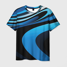Мужская футболка 3D с принтом Синие и черные  волны  абстракции в Екатеринбурге, 100% полиэфир | прямой крой, круглый вырез горловины, длина до линии бедер | Тематика изображения на принте: 