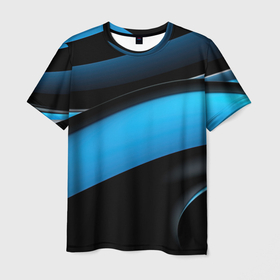 Мужская футболка 3D с принтом Синие  и  черные  волны  абстракции в Екатеринбурге, 100% полиэфир | прямой крой, круглый вырез горловины, длина до линии бедер | Тематика изображения на принте: 