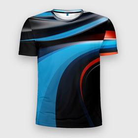 Мужская футболка 3D Slim с принтом Черные и синии волны  спортивный стиль в Санкт-Петербурге, 100% полиэстер с улучшенными характеристиками | приталенный силуэт, круглая горловина, широкие плечи, сужается к линии бедра | Тематика изображения на принте: 