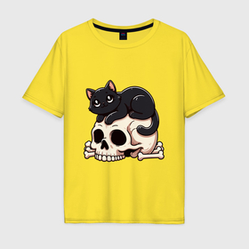 Мужская футболка хлопок Oversize с принтом Черный кот лежит на черепе в Курске, 100% хлопок | свободный крой, круглый ворот, “спинка” длиннее передней части | 