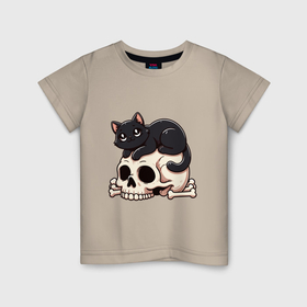 Детская футболка хлопок с принтом Черный кот лежит на черепе в Белгороде, 100% хлопок | круглый вырез горловины, полуприлегающий силуэт, длина до линии бедер | 