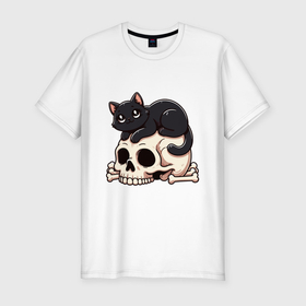 Мужская футболка хлопок Slim с принтом Черный кот лежит на черепе в Курске, 92% хлопок, 8% лайкра | приталенный силуэт, круглый вырез ворота, длина до линии бедра, короткий рукав | 