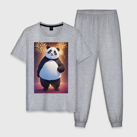 Мужская пижама хлопок с принтом Панда в свитере под салютом   ai art в Белгороде, 100% хлопок | брюки и футболка прямого кроя, без карманов, на брюках мягкая резинка на поясе и по низу штанин
 | 