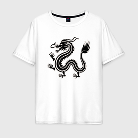 Мужская футболка хлопок Oversize с принтом Дракон силуэт восточного дракона в Тюмени, 100% хлопок | свободный крой, круглый ворот, “спинка” длиннее передней части | Тематика изображения на принте: 