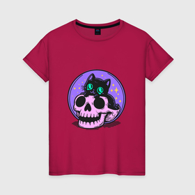 Женская футболка хлопок с принтом Черный котенок сидит в розовом черепе в Курске, 100% хлопок | прямой крой, круглый вырез горловины, длина до линии бедер, слегка спущенное плечо | 