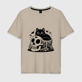 Мужская футболка хлопок Oversize с принтом Мультяшный черный кот сидит в черепе в Курске, 100% хлопок | свободный крой, круглый ворот, “спинка” длиннее передней части | 