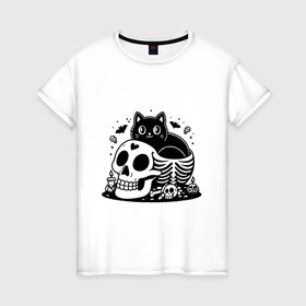 Женская футболка хлопок с принтом Мультяшный черный кот сидит в черепе в Екатеринбурге, 100% хлопок | прямой крой, круглый вырез горловины, длина до линии бедер, слегка спущенное плечо | 