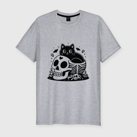Мужская футболка хлопок Slim с принтом Мультяшный черный кот сидит в черепе в Кировске, 92% хлопок, 8% лайкра | приталенный силуэт, круглый вырез ворота, длина до линии бедра, короткий рукав | 