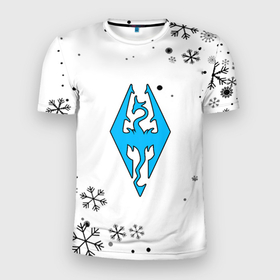 Мужская футболка 3D Slim с принтом Skyrim logo winter в Петрозаводске, 100% полиэстер с улучшенными характеристиками | приталенный силуэт, круглая горловина, широкие плечи, сужается к линии бедра | Тематика изображения на принте: 