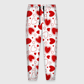 Мужские брюки 3D с принтом Красные сердечки на белом фоне в Петрозаводске, 100% полиэстер | манжеты по низу, эластичный пояс регулируется шнурком, по бокам два кармана без застежек, внутренняя часть кармана из мелкой сетки | Тематика изображения на принте: 