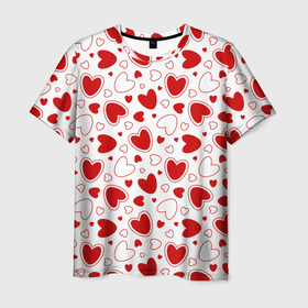 Мужская футболка 3D с принтом Красные сердечки на белом фоне , 100% полиэфир | прямой крой, круглый вырез горловины, длина до линии бедер | 