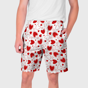 Мужские шорты 3D с принтом Красные сердечки на белом фоне в Тюмени,  полиэстер 100% | прямой крой, два кармана без застежек по бокам. Мягкая трикотажная резинка на поясе, внутри которой широкие завязки. Длина чуть выше колен | 