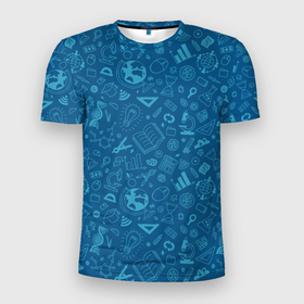 Мужская футболка 3D Slim с принтом Школьный синий паттерн в Екатеринбурге, 100% полиэстер с улучшенными характеристиками | приталенный силуэт, круглая горловина, широкие плечи, сужается к линии бедра | Тематика изображения на принте: 