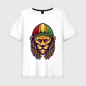 Мужская футболка хлопок Oversize с принтом Jamaica lion в Белгороде, 100% хлопок | свободный крой, круглый ворот, “спинка” длиннее передней части | Тематика изображения на принте: 