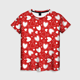 Женская футболка 3D с принтом Белые сердечки на красном фоне в Курске, 100% полиэфир ( синтетическое хлопкоподобное полотно) | прямой крой, круглый вырез горловины, длина до линии бедер | 
