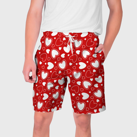 Мужские шорты 3D с принтом Белые сердечки на красном фоне в Тюмени,  полиэстер 100% | прямой крой, два кармана без застежек по бокам. Мягкая трикотажная резинка на поясе, внутри которой широкие завязки. Длина чуть выше колен | 