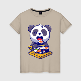 Женская футболка хлопок с принтом Панда и суши в Кировске, 100% хлопок | прямой крой, круглый вырез горловины, длина до линии бедер, слегка спущенное плечо | 
