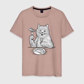 Мужская футболка хлопок с принтом Котик обедает в Тюмени, 100% хлопок | прямой крой, круглый вырез горловины, длина до линии бедер, слегка спущенное плечо. | 