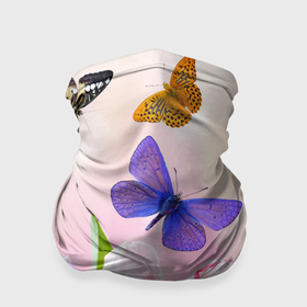 Бандана-труба 3D с принтом Настоящие бабочки на фоне тульпанов , 100% полиэстер, ткань с особыми свойствами — Activecool | плотность 150‒180 г/м2; хорошо тянется, но сохраняет форму | 