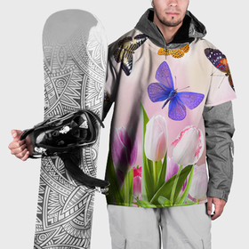 Накидка на куртку 3D с принтом Настоящие бабочки на фоне тульпанов , 100% полиэстер |  | 