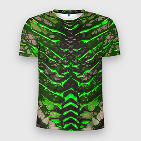Мужская футболка 3D Slim с принтом Зелёные полосы и камень в Кировске, 100% полиэстер с улучшенными характеристиками | приталенный силуэт, круглая горловина, широкие плечи, сужается к линии бедра | 