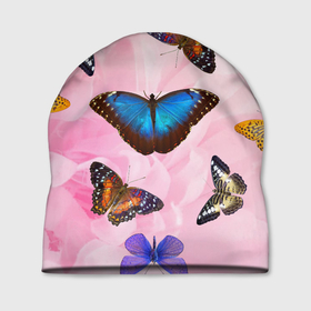 Шапка 3D с принтом Настоящие бабочки на розовом цветке , 100% полиэстер | универсальный размер, печать по всей поверхности изделия | 