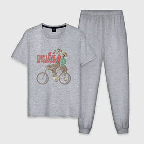 Мужская пижама хлопок с принтом Влюбленные скелетики на велосипеде в Петрозаводске, 100% хлопок | брюки и футболка прямого кроя, без карманов, на брюках мягкая резинка на поясе и по низу штанин
 | 