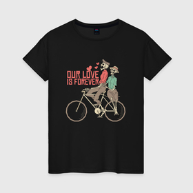 Женская футболка хлопок с принтом Влюбленные скелетики на велосипеде в Рязани, 100% хлопок | прямой крой, круглый вырез горловины, длина до линии бедер, слегка спущенное плечо | 