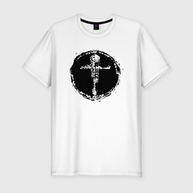 Мужская футболка хлопок Slim с принтом Крест в круге фактурный в Тюмени, 92% хлопок, 8% лайкра | приталенный силуэт, круглый вырез ворота, длина до линии бедра, короткий рукав | 