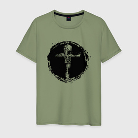 Мужская футболка хлопок с принтом Крест в круге фактурный в Тюмени, 100% хлопок | прямой крой, круглый вырез горловины, длина до линии бедер, слегка спущенное плечо. | Тематика изображения на принте: 