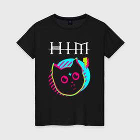 Женская футболка хлопок с принтом HIM rock star cat в Петрозаводске, 100% хлопок | прямой крой, круглый вырез горловины, длина до линии бедер, слегка спущенное плечо | Тематика изображения на принте: 