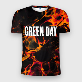 Мужская футболка 3D Slim с принтом Green Day red lava в Петрозаводске, 100% полиэстер с улучшенными характеристиками | приталенный силуэт, круглая горловина, широкие плечи, сужается к линии бедра | 