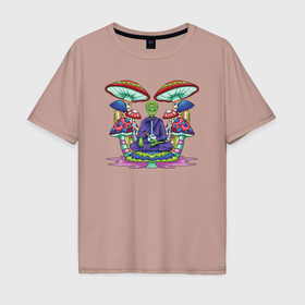 Мужская футболка хлопок Oversize с принтом Медитирующий инопланетянин среди грибов , 100% хлопок | свободный крой, круглый ворот, “спинка” длиннее передней части | 