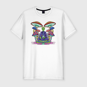 Мужская футболка хлопок Slim с принтом Медитирующий инопланетянин среди грибов в Курске, 92% хлопок, 8% лайкра | приталенный силуэт, круглый вырез ворота, длина до линии бедра, короткий рукав | 