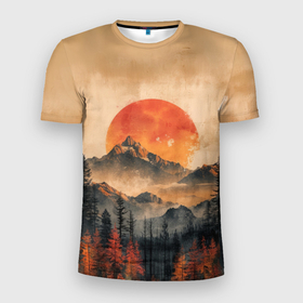 Мужская футболка 3D Slim с принтом Винтажная иллюстрация горного пейзажа в Курске, 100% полиэстер с улучшенными характеристиками | приталенный силуэт, круглая горловина, широкие плечи, сужается к линии бедра | 