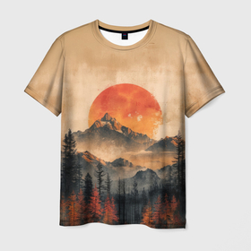 Мужская футболка 3D с принтом Винтажная иллюстрация горного пейзажа в Курске, 100% полиэфир | прямой крой, круглый вырез горловины, длина до линии бедер | 