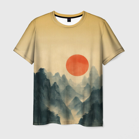Мужская футболка 3D с принтом Ретро пейзаж горной местности в Курске, 100% полиэфир | прямой крой, круглый вырез горловины, длина до линии бедер | 