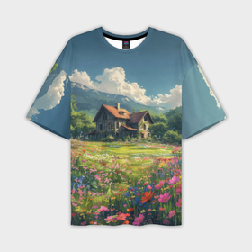 Мужская футболка oversize 3D с принтом Деревенский домик в горах в Екатеринбурге,  |  | 
