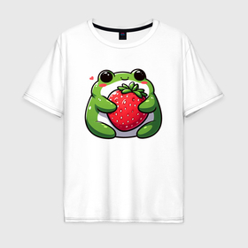 Мужская футболка хлопок Oversize с принтом Толстая лягушка обнимает клубнику , 100% хлопок | свободный крой, круглый ворот, “спинка” длиннее передней части | 