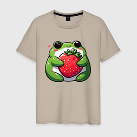 Мужская футболка хлопок с принтом Толстая лягушка обнимает клубнику , 100% хлопок | прямой крой, круглый вырез горловины, длина до линии бедер, слегка спущенное плечо. | 