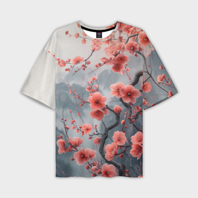 Мужская футболка oversize 3D с принтом Цветущая вишня в горах в Кировске,  |  | Тематика изображения на принте: 