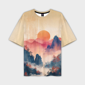 Мужская футболка oversize 3D с принтом Закат в туманных  горах ,  |  | 