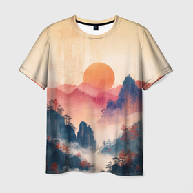 Мужская футболка 3D с принтом Закат в туманных  горах , 100% полиэфир | прямой крой, круглый вырез горловины, длина до линии бедер | Тематика изображения на принте: 