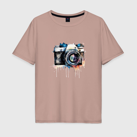 Мужская футболка хлопок Oversize с принтом Фотоаппарат акварель в Петрозаводске, 100% хлопок | свободный крой, круглый ворот, “спинка” длиннее передней части | 